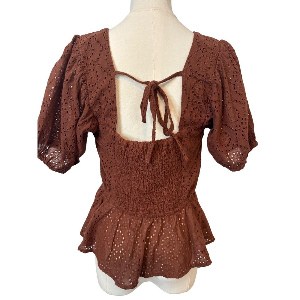 2/$30 NWT Band of the Free S Eyelet Lace Puff Sleeve Peplum Top Chocolate Brown - Picture 4 of 11